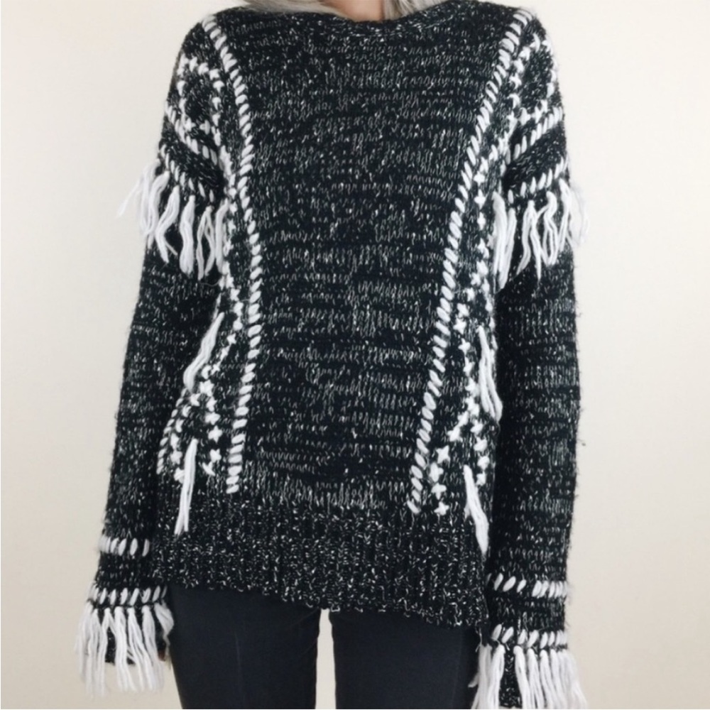 Saylor Oversized Black and White Fringe Sweater with Open Sides size XS/ S